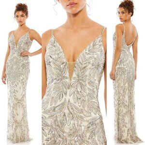 NWT Mac Duggal Embellished Leaf Evening‎ Gown Dress 5107 Silver Nude